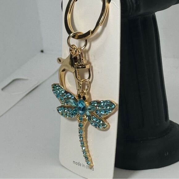 BAG CHARM Blue Crystal Dragonfly Keychain Charm - Gold Accent - Picture 8 of 9